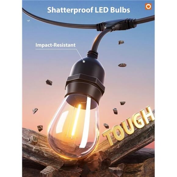 LED Outdoor String Lights 48FT with Edison Vintage Shatterproof Bulbs - Picture 2 of 7